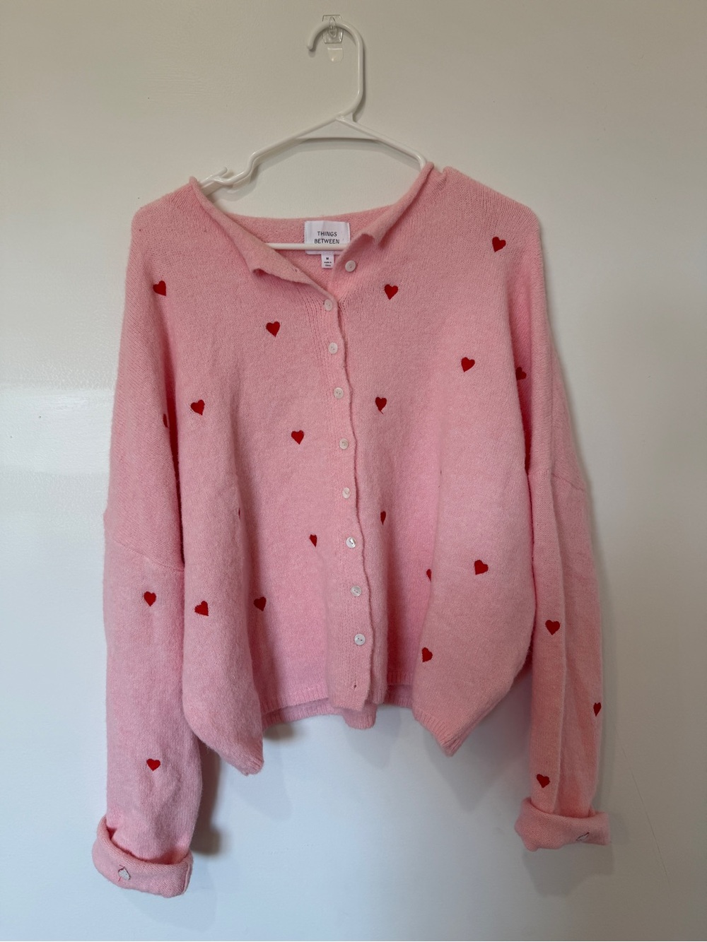 Things Between Pink Heart Print Button-Up Cardigan